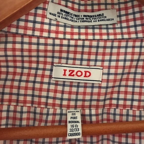 Izod Men’s Button down shirt Plaid Longsleeve Red Navy White Sz 16 1/2 - Picture 4 of 7